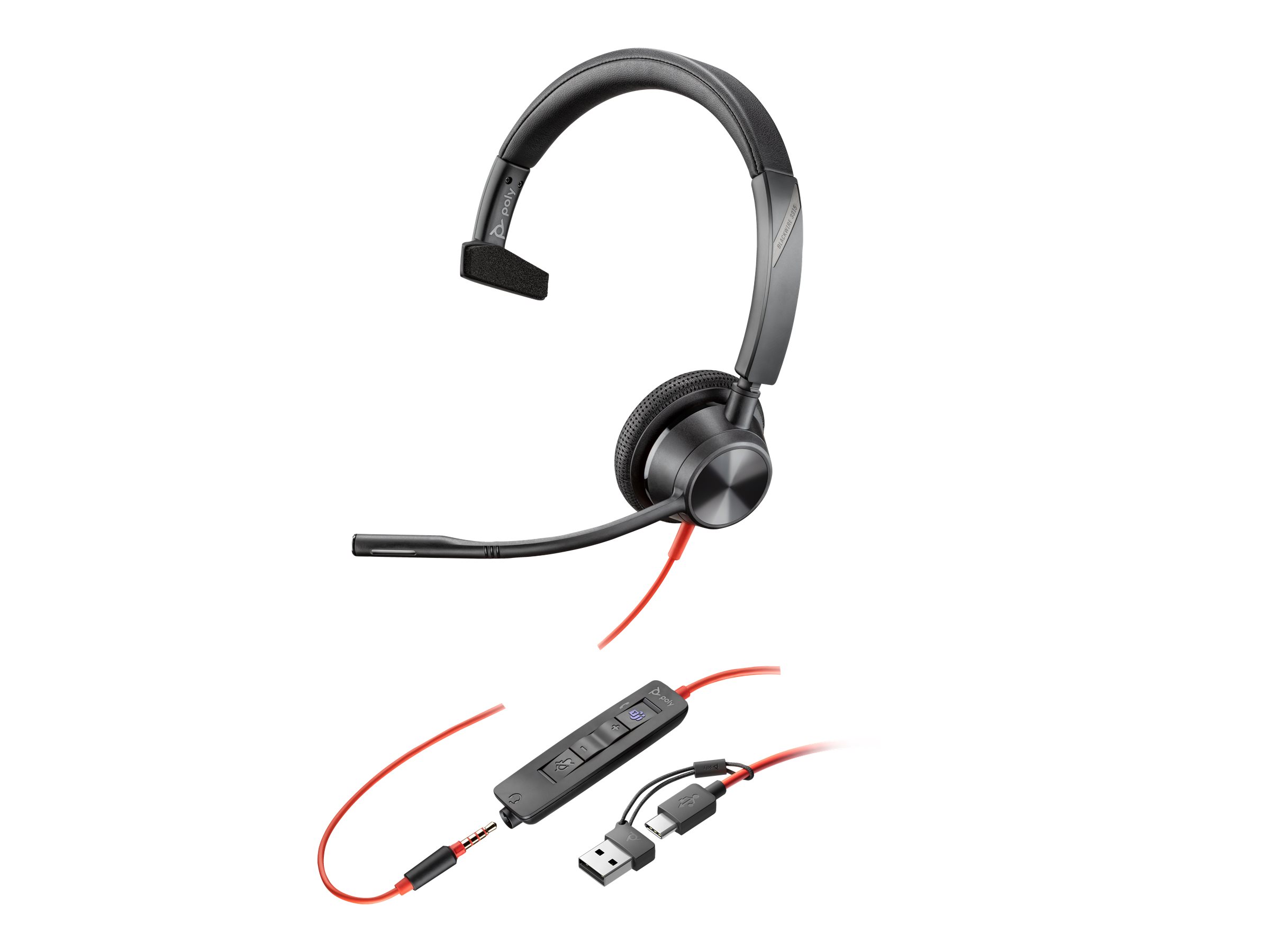 Poly Blackwire 3315 - Blackwire 3300 series - micro-casque - sur-oreille - filaire - jack 3,5mm, USB-C - noir - certifié UC, Certifié pour Microsoft Teams - 8X218AA - Écouteurs