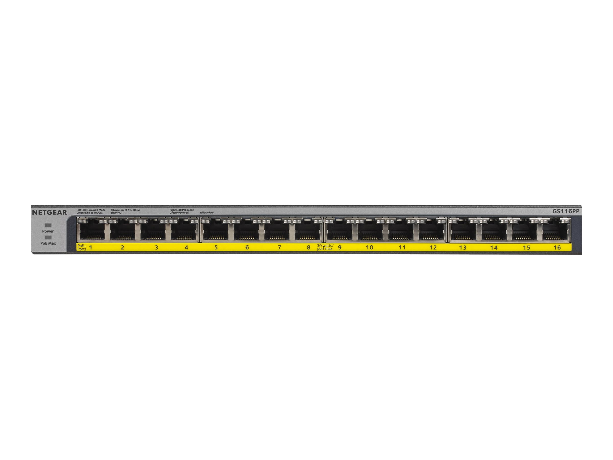NETGEAR GS116LP - Commutateur - 16 x 10/100/1000 (PoE+) - de bureau, Montable sur rack, fixation murale - PoE+ (76 W) - Tension CC - GS116LP-100EUS - Concentrateurs et commutateurs gigabit