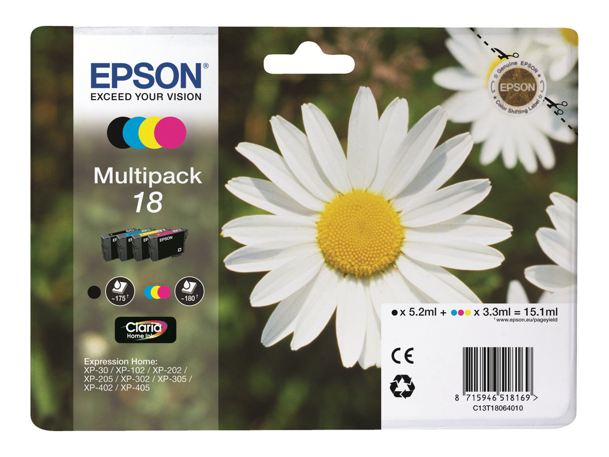Epson 18 Multipack - Pack de 4 - 15.1 ml - noir, jaune, cyan, magenta - original - cartouche d'encre - pour Expression Home XP-212, 215, 225, 312, 315, 322, 325, 412, 415, 422, 425 - C13T18064012 - Cartouches d'imprimante