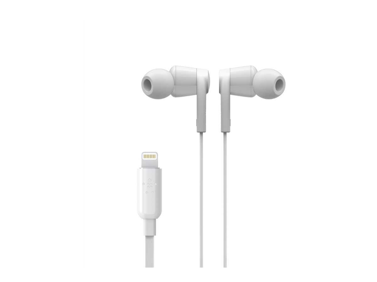 Belkin ROCKSTAR - Écouteurs avec micro - intra-auriculaire - filaire - Lightning - isolation acoustique - blanc - pour Apple 10.5-inch iPad Pro; iPad mini 4; iPhone 7, 7 Plus, 8, 8 Plus, X, XR, XS, XS Max - G3H0001btWHT - Écouteurs