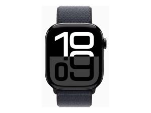 Apple Watch Series 10 (GPS + Cellular) - 46 mm - aluminium noir jais - montre intelligente avec boucle sport - deux couches de matières textiles tissées - encre - taille du poignet : 130-200 mm - 64 Go - LTE, Wi-Fi 4, UWB, Bluetooth - 4G - 35.3 g - MWY53QF/A - Montres intelligentes