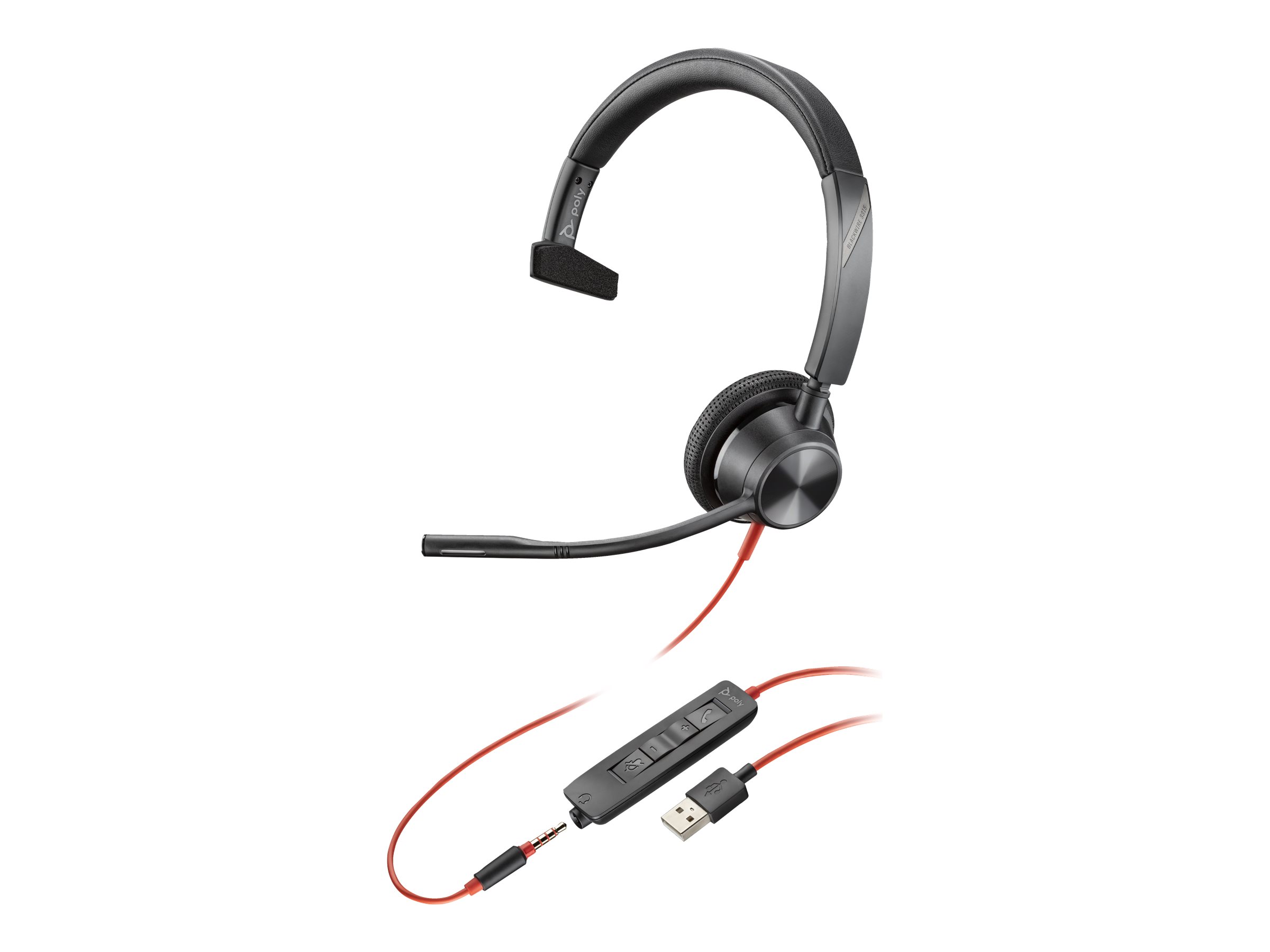 Poly Blackwire 3315 - Blackwire 3300 series - micro-casque - sur-oreille - filaire - jack 3,5mm, USB-A - noir - 76J12AA - Écouteurs