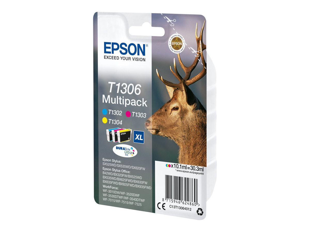 Epson T1306 Multipack - Pack de 3 - 30.3 ml - XL - jaune, cyan, magenta - original - cartouche d'encre - pour Stylus Office BX630, BX635, BX935; WorkForce WF-3010, 3520, 3530, 3540, 7015, 7515, 7525 - C13T13064012 - Cartouches d'imprimante