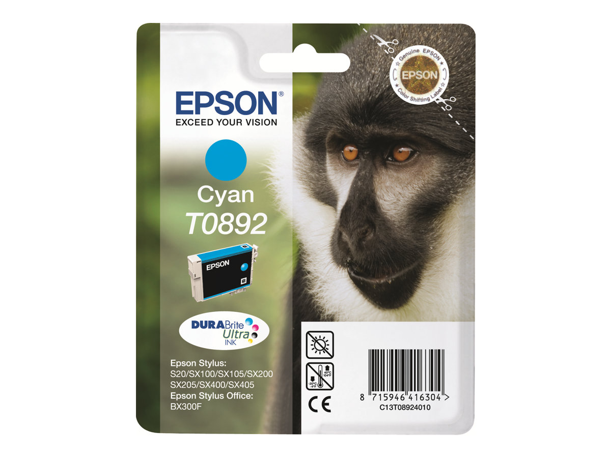 Epson T0892 - 3.5 ml - cyan - original - blister - cartouche d'encre - pour Stylus S21, SX105, SX110, SX115, SX210, SX215, SX400, SX410, SX415; Stylus Office BX300 - C13T08924011 - Cartouches d'encre Epson