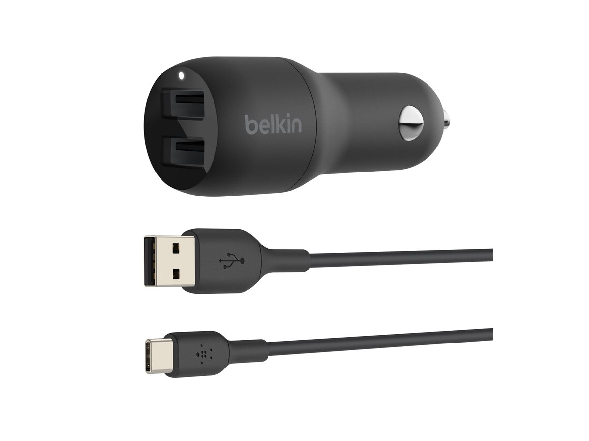 Belkin BOOST CHARGE Double chargeur - Adaptateur d'alimentation pour voiture - 24 Watt - 4.8 A - 2 connecteurs de sortie (USB) - sur le câble : USB-C - noir - CCE001BT1MBK - Batteries et adaptateurs d'alimentation pour téléphone cellulaire