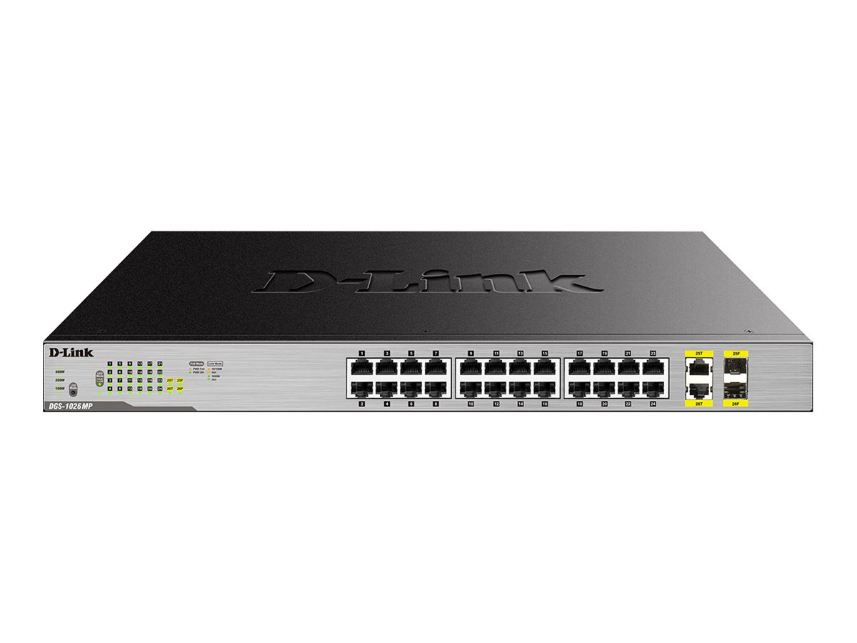 D-Link DGS 1026MP - Commutateur - non géré - 24 x 10/100/1000 (PoE) + 2 x SFP Gigabit combiné - de bureau, Montable sur rack - PoE (370 W) - DGS-1026MP - Concentrateurs et commutateurs gigabit