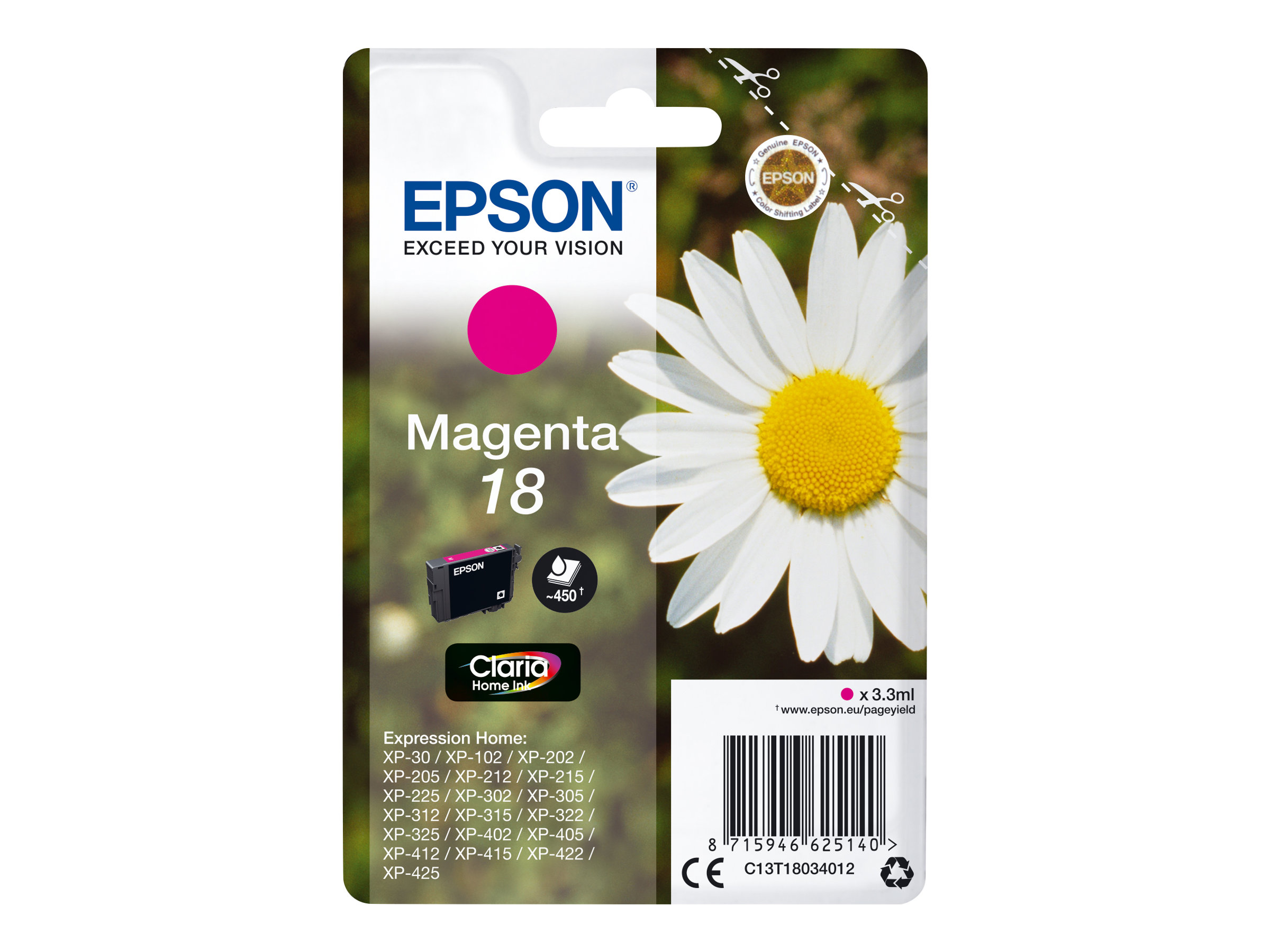 Epson 18 - 3.3 ml - magenta - original - cartouche d'encre - pour Expression Home XP-212, 215, 225, 312, 315, 322, 325, 412, 415, 422, 425 - C13T18034012 - Cartouches d'imprimante