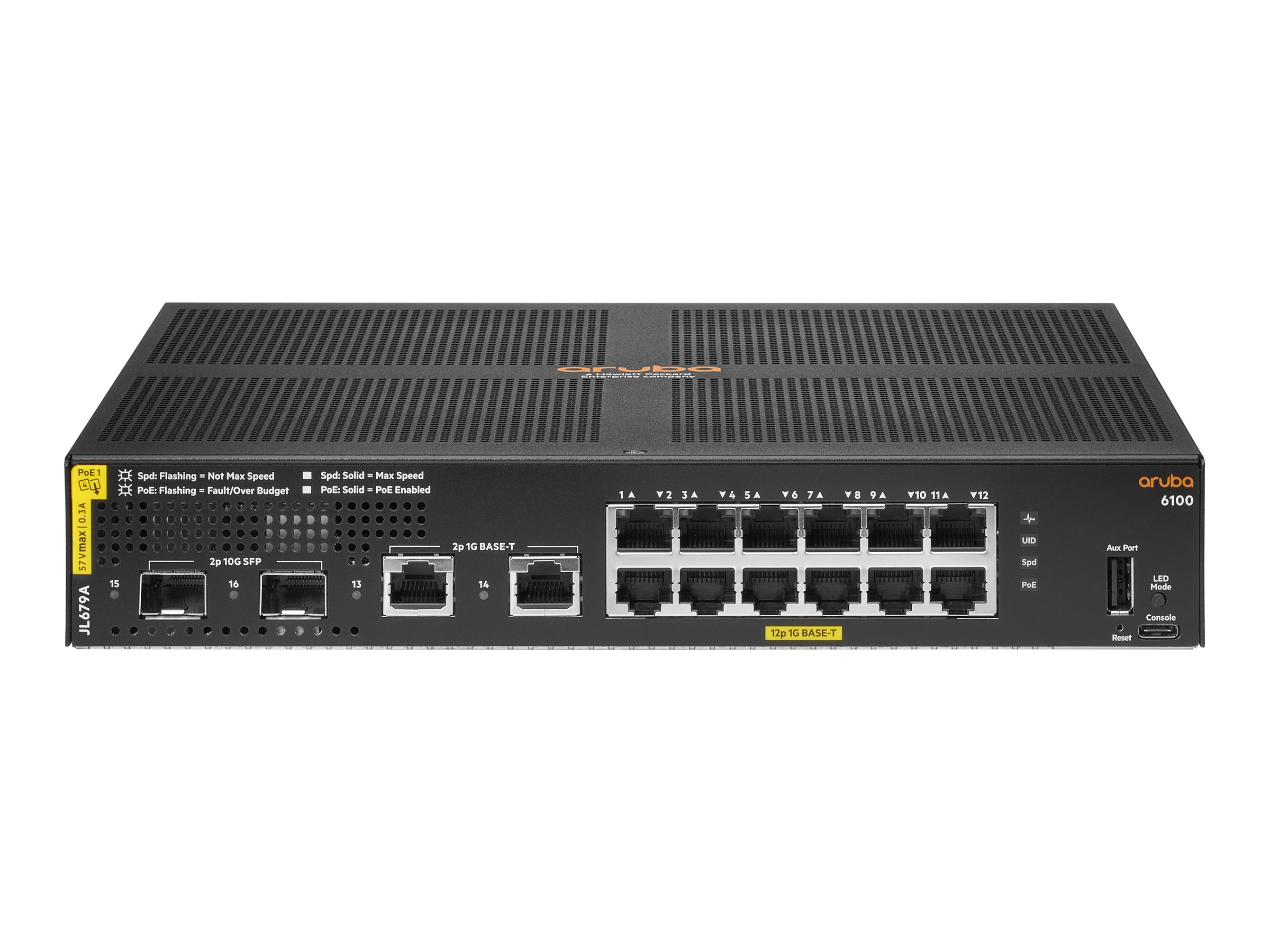 HPE Aruba 6100 12G Class4 PoE 2G/2SFP+ 139W Switch - Commutateur - Géré - 12 x 10/100/1000 (PoE+) + 2 x 1 Gigabit / 10 Gigabit SFP+ + 2 x 1000Base-T - Montable sur rack - PoE+ (139 W) - JL679A#ABB - Commutateurs gérés