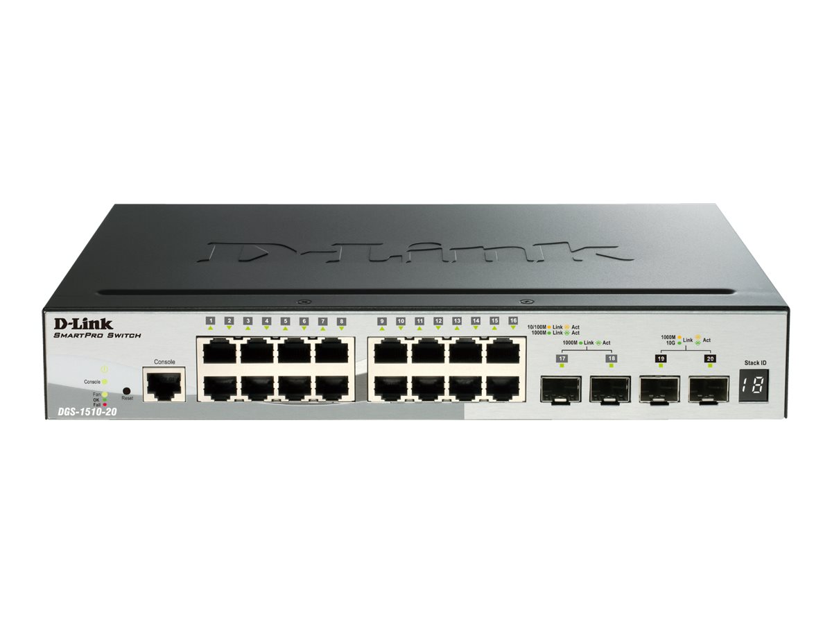 D-Link DGS 1510-20 - Commutateur - C3 - intelligent - 16 x 10/100/1000 + 2 x Gigabit SFP + 2 x 10 Gigabit SFP+ - de bureau, Montable sur rack - DGS-1510-20/E - Concentrateurs et commutateurs gigabit