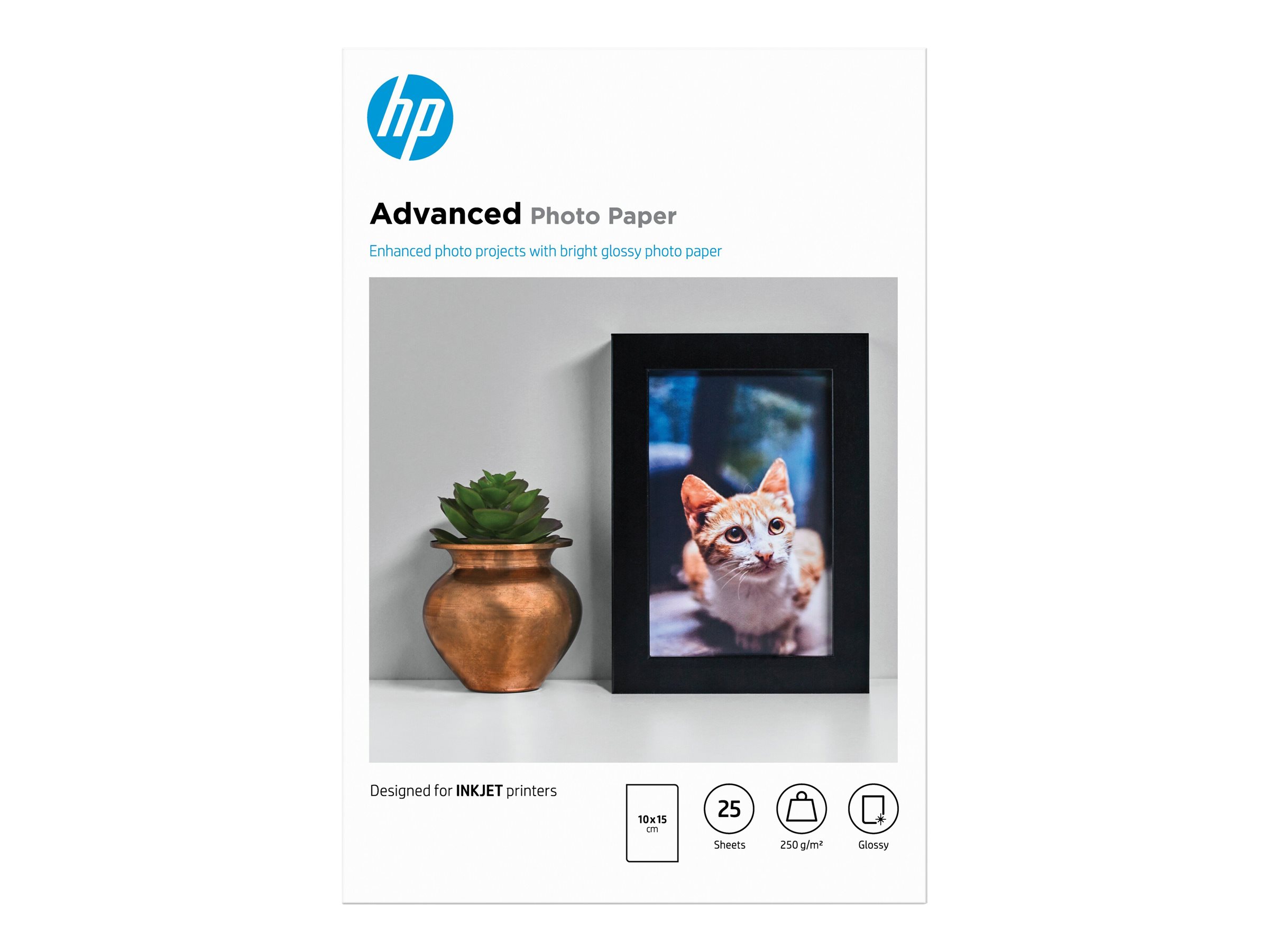 HP Advanced Glossy Photo Paper - Brillant - 100 x 150 mm - 250 g/m² - 25 feuille(s) papier photo - pour ENVY Inspire 7255, 79XX; Officejet 80XX; Photosmart B110; Smart Tank Plus 55X - Q8691A - Papier photo