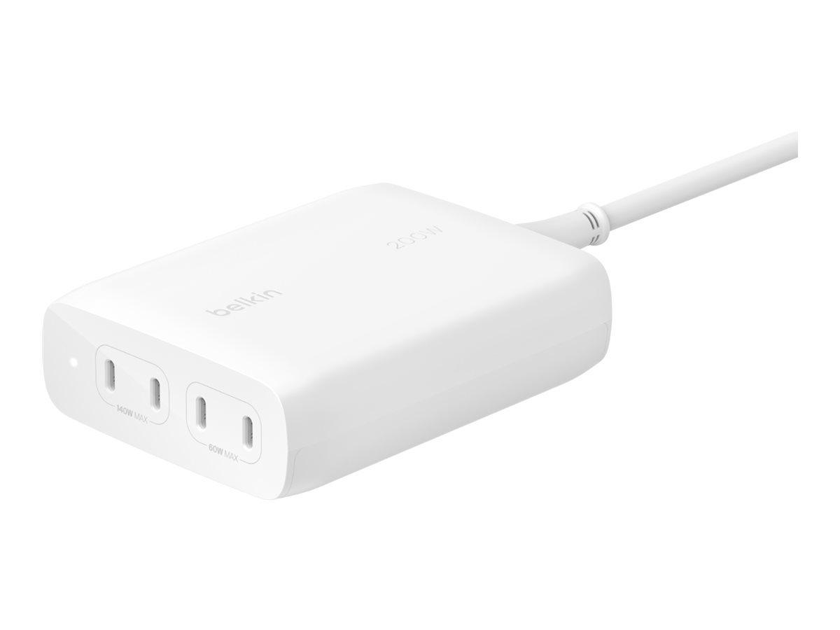 Belkin BoostCharge Pro - Adaptateur secteur - technologie GaN - 200 Watt - 5 A - Fast Charge, Power Delivery 3.1, PD 3.0 - 4 connecteurs de sortie (24 pin USB-C) - blanc - WCH015VFWH - Adaptateurs électriques et chargeurs