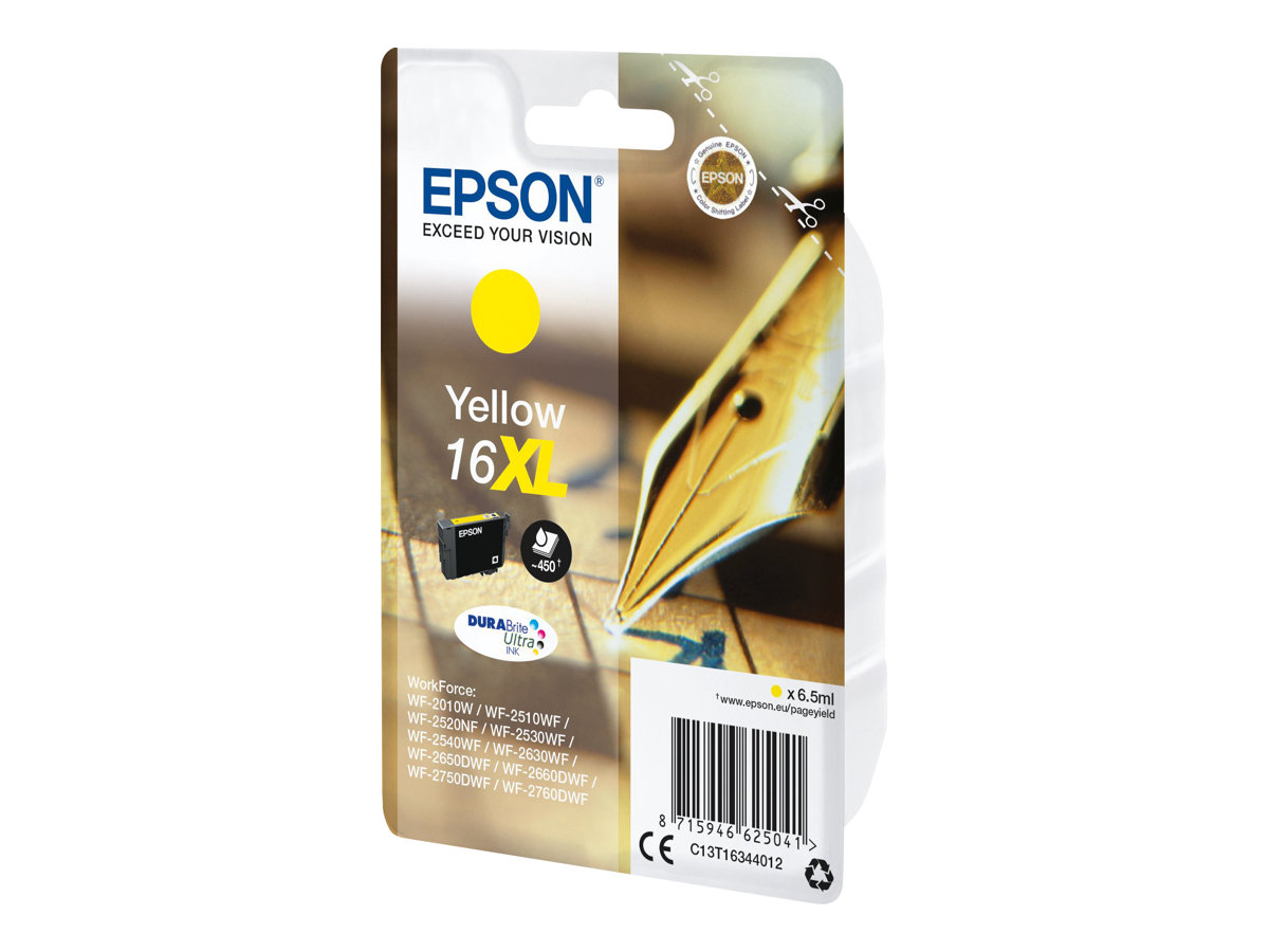 Epson 16XL - 6.5 ml - XL - jaune - original - emballage coque avec alarme radioélectrique/ acoustique - cartouche d'encre - pour WorkForce WF-2010, 2510, 2520, 2530, 2540, 2630, 2650, 2660, 2750, 2760 - C13T16344022 - Cartouches d'imprimante