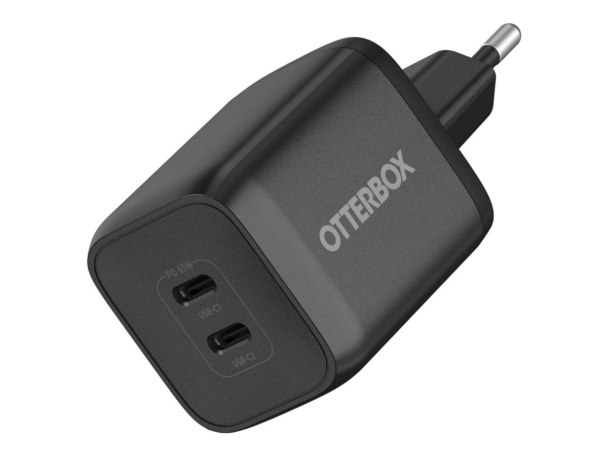 OtterBox Standard - Adaptateur secteur - 65 Watt - 3 A - Fast Charge, PD/PPS - 2 connecteurs de sortie (24 pin USB-C) - noir - Europe (sauf Royaume-Uni) - 78-81342 - Batteries et adaptateurs d'alimentation pour téléphone cellulaire