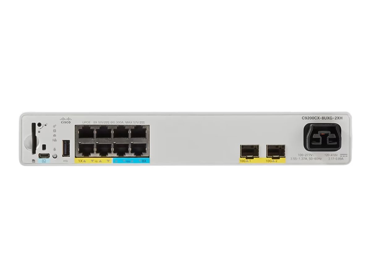 Cisco Catalyst 9200CX - Network Essentials - commutateur - compact - C3 - Géré - 4 x 10/100/1000 (UPOE) + 4 x 100/1000/2.5/5/10G (UPOE) + 2 x SFP+ 10 Go (liaison montante) - Montable sur rack - UPOE (240 W) - C9200CX-8UXG-2XH-E - Concentrateurs et commutateurs gigabit