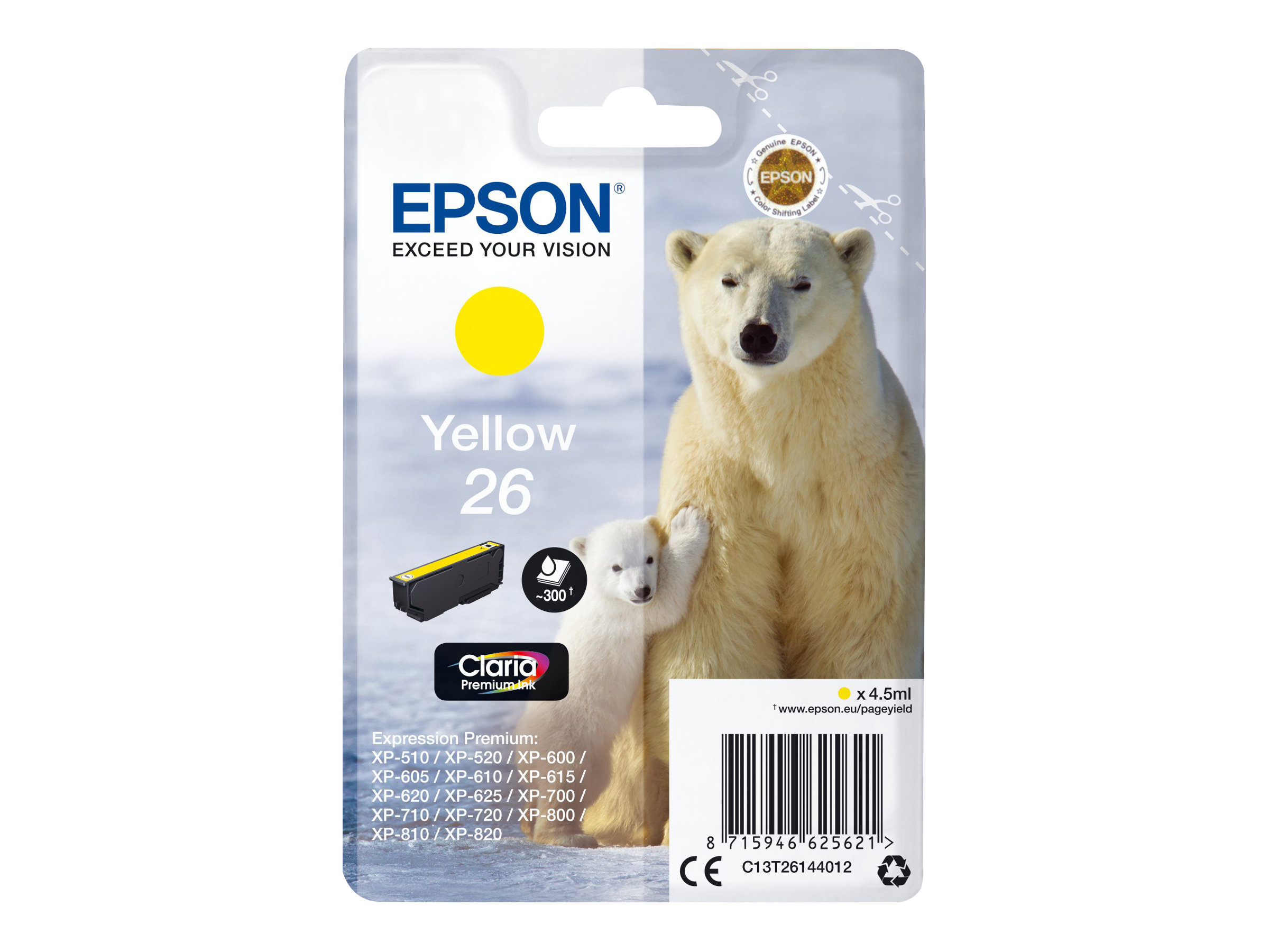 Epson 26 - 4.5 ml - jaune - original - blister - cartouche d'encre - pour Expression Premium XP-510, 520, 600, 605, 610, 615, 620, 625, 700, 710, 720, 800, 810, 820 - C13T26144012 - Cartouches d'encre Epson
