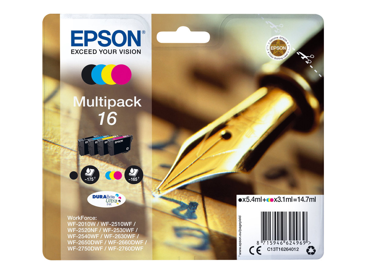 Epson 16 Multipack - Pack de 4 - noir, jaune, cyan, magenta - original - emballage coque avec alarme radioélectrique/ acoustique - cartouche d'encre - pour WorkForce WF-2010, 2510, 2520, 2530, 2540, 2630, 2650, 2660, 2750, 2760 - C13T16264012 - Cartouches d'encre Epson