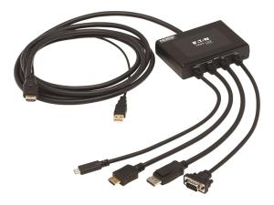 Eaton Tripp Lite Series Multiport Presentation Adapter, 4K 60Hz w HDR, 4x1, HDMI/DisplayPort/USB-C/VGA to HDMI, HDCP2.2, PD Charge, 8ft - Adaptateur vidéo - Conformité TAA - HD-15 (VGA), HDMI, DisplayPort, 24 pin USB-C mâle pour HDMI, USB type A, USB-C (alimentation uniquement) - noir - Alimentation USB (5A, 100 W), bouton-poussoir, support 4K60Hz (4096 x 2160), support 1 080p 60Hz (VGA) - B321-4X1-HDVC - Câbles HDMI