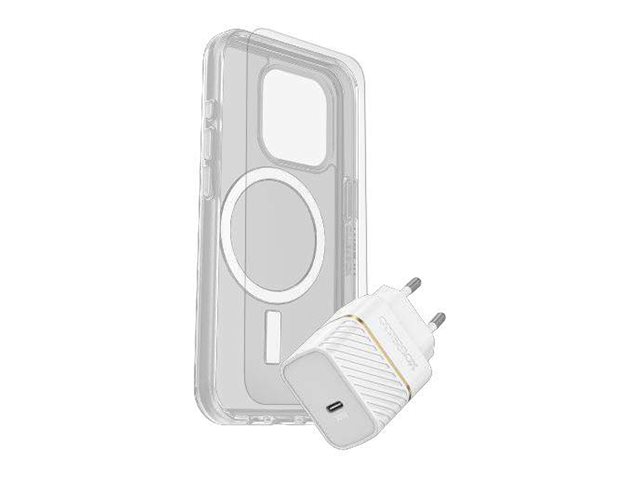OtterBox Symmetry Series - Coque de protection pour téléphone portable - compatibilité avec MagSafe - clair - avec protection d'écran en verre de qualité supérieure et chargeur mural à charge rapide USB-C 30W - pour Apple iPhone 15 Pro - 78-81240 - Coques et étuis pour téléphone portable