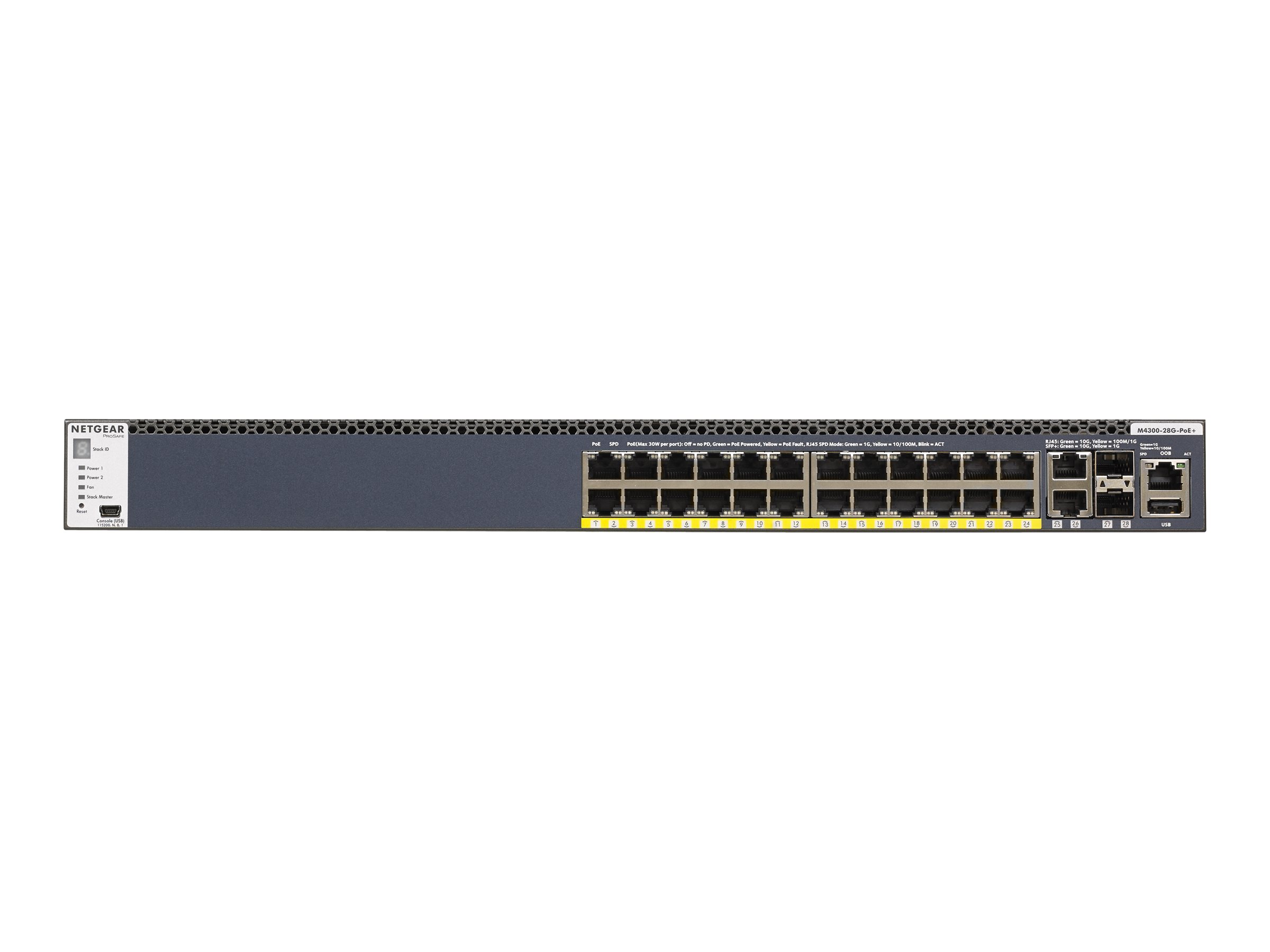 NETGEAR M4300-28G-PoE+ - Commutateur - C3 - Géré - 2 x 10/100/1000/10000 + 2 x 10 Gigabit SFP+ + 24 x 10/100/1000 (PoE+) - flux d'air de l'avant vers l'arrière - Montable sur rack - PoE+ (720 W) - GSM4328PB-100NES - Commutateurs gérés