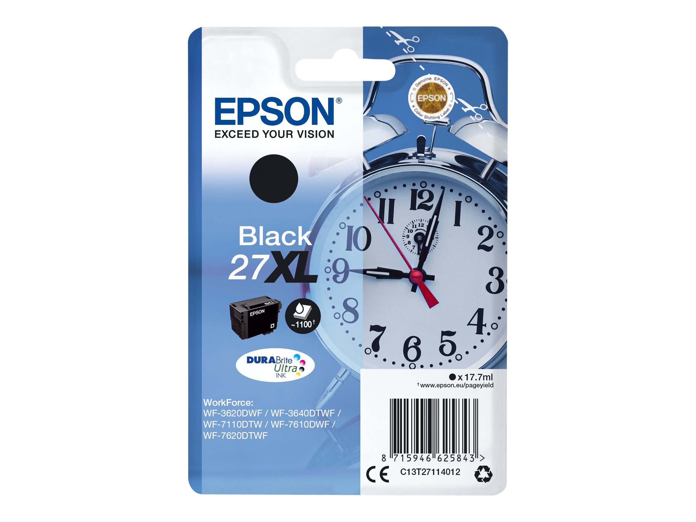 Epson 27XL - 17.7 ml - XL - noir - original - emballage coque avec alarme radioélectrique/ acoustique - cartouche d'encre - pour WorkForce WF-3620, WF-3640, WF-7110, WF-7610, WF-7620, WF-7715, WF-7720 - C13T27114022 - Cartouches d'encre Epson