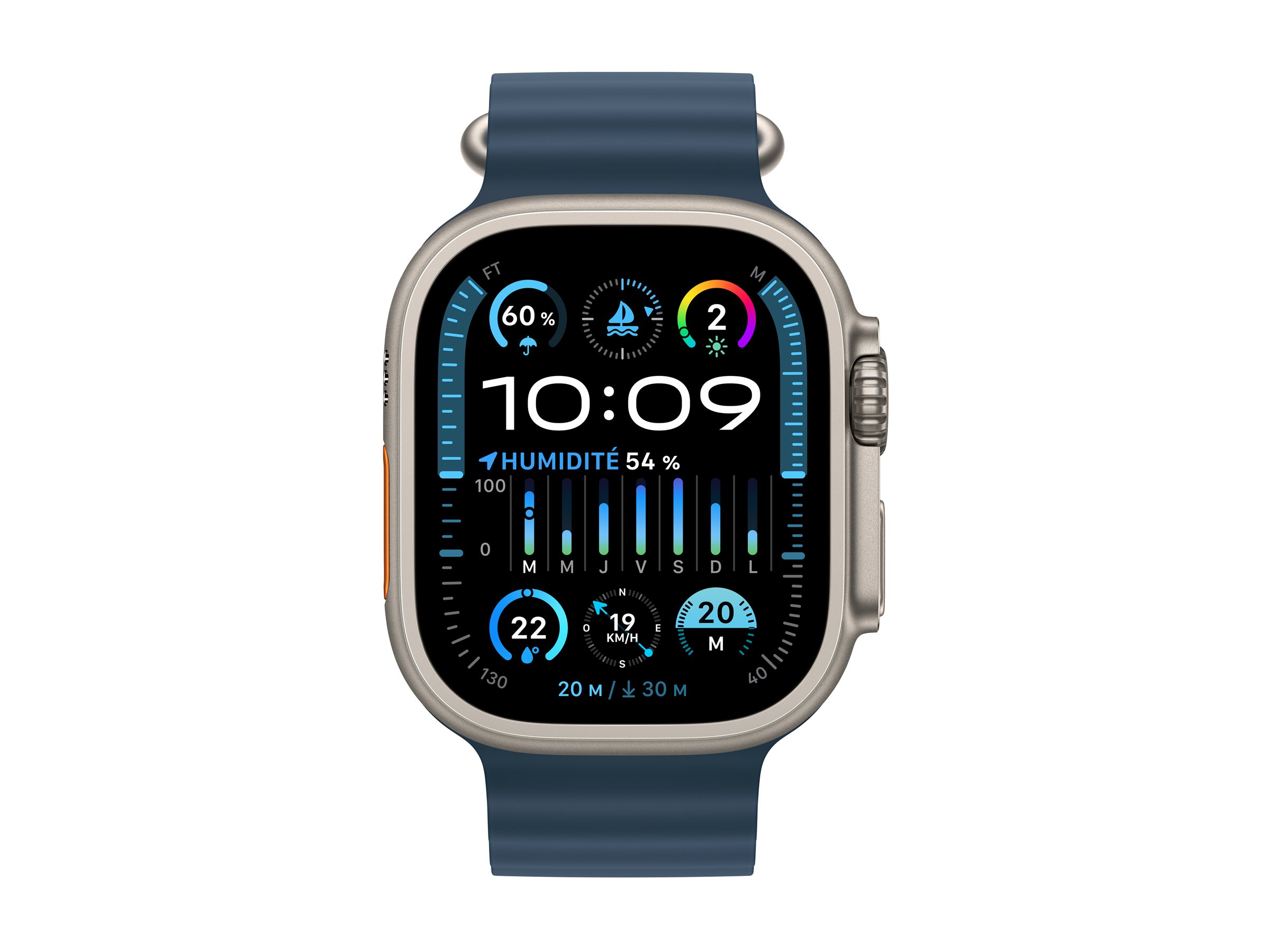 Apple Watch Ultra 2 - 49 mm - titane - montre intelligente avec Bracelet Océan - fluoroélastomère - bleu - taille du poignet : 130-200 mm - 64 Go - Wi-Fi, LTE, UWB, Bluetooth - 4G - 61.4 g - MREG3NF/A - Montres intelligentes