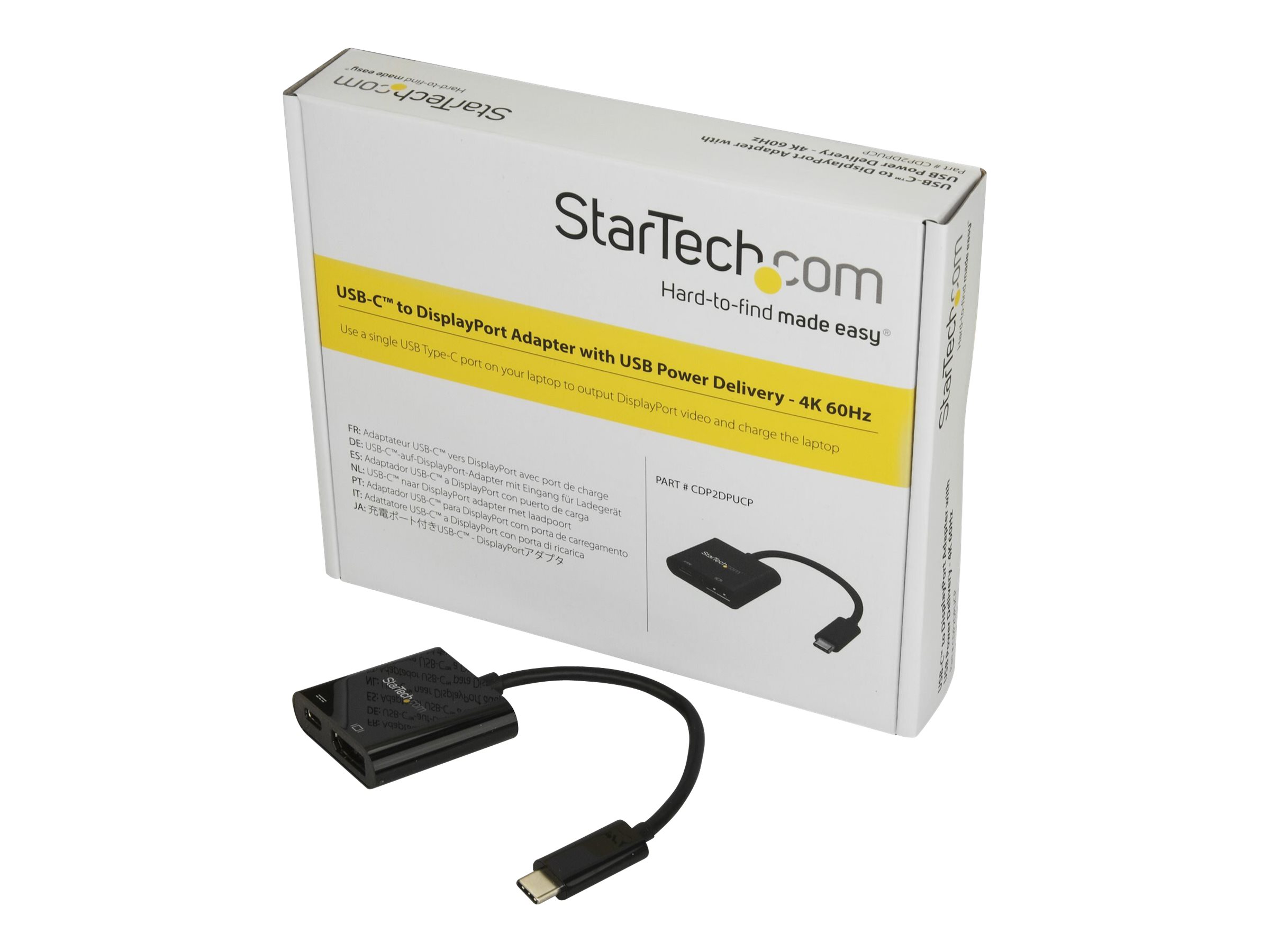 StarTech.com Adaptateur USB-C vers DisplayPort - USB Power Delivery - 4K - Adaptateur DisplayPort - 24 pin USB-C (M) pour DisplayPort, USB-C (alimentation uniquement) (F) - Displayport 1.2/Thunderbolt 3 - USB Power Delivery (60W), support 4K60Hz (4096 x 2160) - noir - CDP2DPUCP - Câbles vidéo