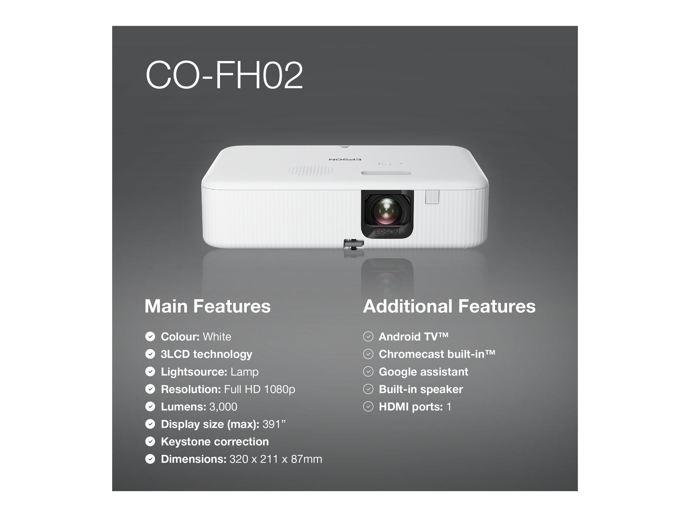 Epson CO-FH02 - Projecteur 3LCD - portable - 3000 lumens (blanc) - 3000 lumens (couleur) - Full HD (1920 x 1080) - 16:9 - 1080p - blanc et noir - Android TV - V11HA85040 - Projecteurs pour home cinema