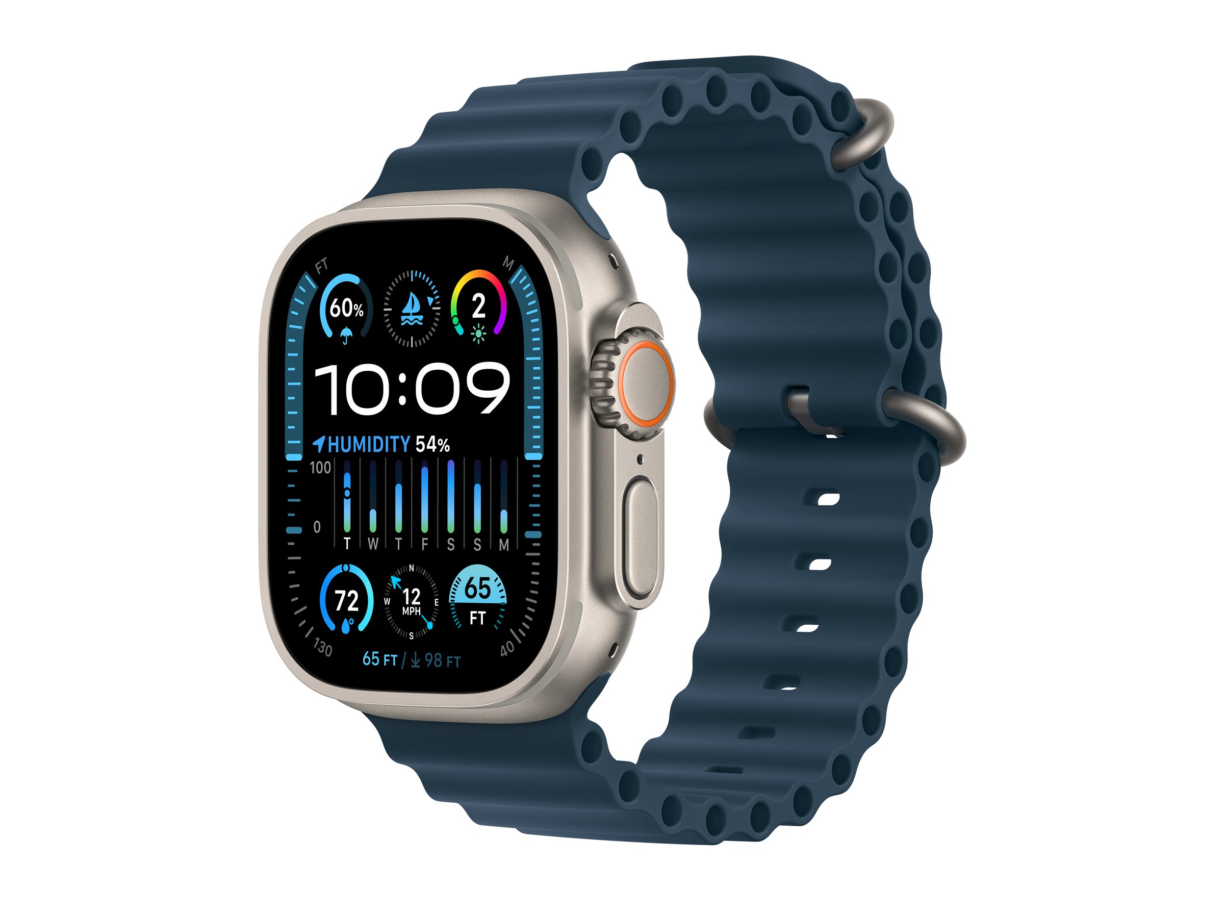 Apple Watch Ultra 2 - 49 mm - titane - montre intelligente avec Bracelet Océan - fluoroélastomère - bleu - taille du poignet : 130-200 mm - 64 Go - Wi-Fi, LTE, UWB, Bluetooth - 4G - 61.4 g - démo - 3M577F/A - Montres intelligentes