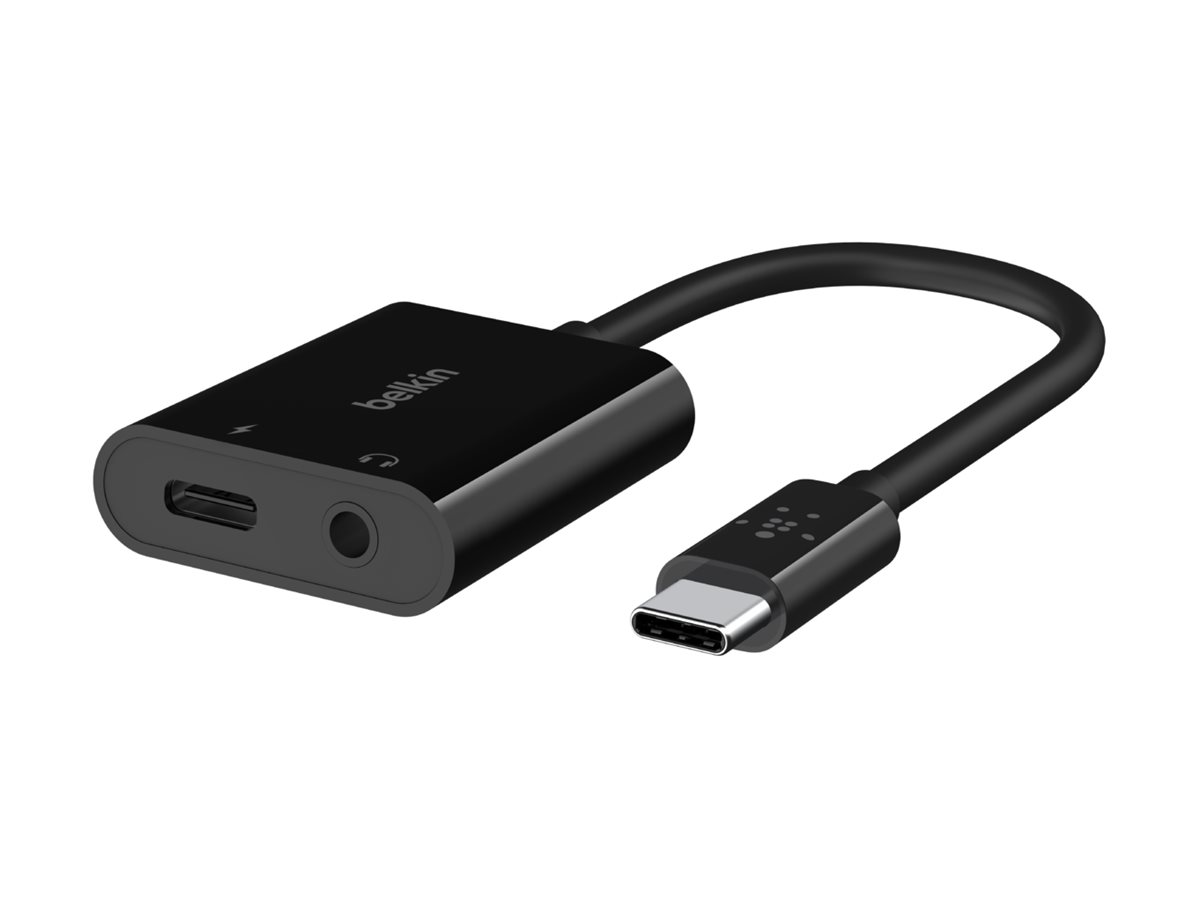 Belkin RockStar - USB-C vers jack de casque / adaptateur de charge - 24 pin USB-C mâle pour 24 pin USB-C, jack mini femelle - 19.6 cm - USB Power Delivery (60W) - NPA004BTBK - Câbles spéciaux