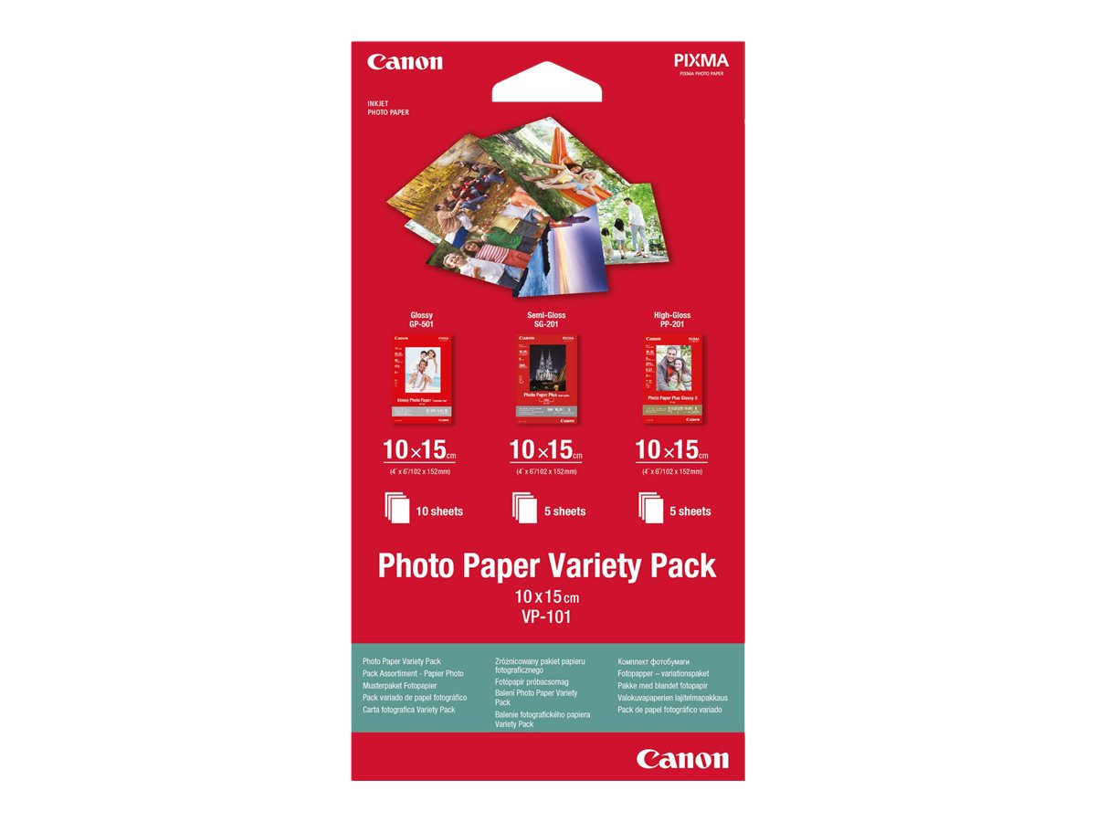 Canon Variety Pack VP-101 - 100 x 150 mm 15 feuille(s) kit papier photo - pour PIXMA MG2550, MG3550, MG3650, MG5750, MG5751, MG6450, MG6850, MG7150, MG7750, MG7751 - 0775B078 - Papier photo