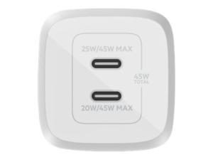 Belkin BoostCharge Pro GaN - Adaptateur secteur - Technologie PPS et GaN - 45 Watt - Fast Charge, PD 3.0 - 2 connecteurs de sortie (2 x USB-C) - blanc - WCH011vfWH - Adaptateurs électriques et chargeurs