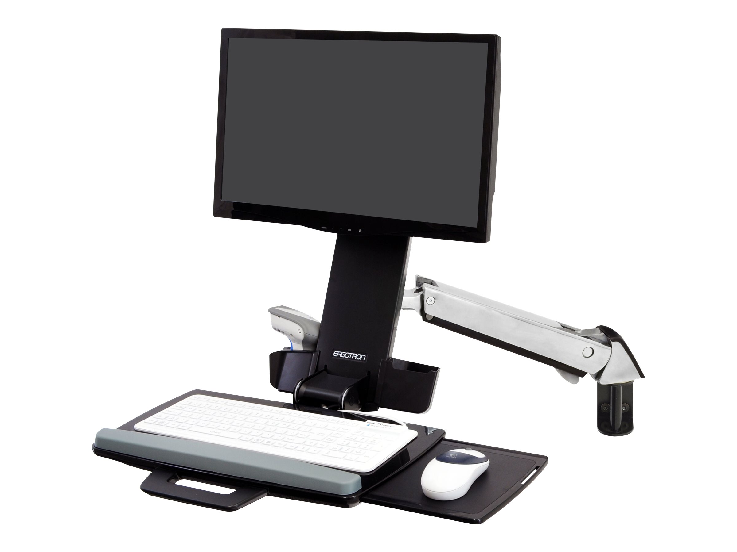 Ergotron - Kit de montage (repose-poignets, kit de support de montage de piste, support ajustable en hauteur, plateau de clavier avec plateau de souris gauche/droite, support pour scanner de code barres et souris, bras combiné) - pour écran LCD/équipement PC - blanc - Taille d'écran : jusqu'à 24 pouces - 45-266-026 - Accessoires pour scanner