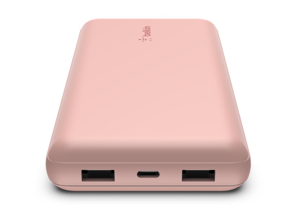 Belkin BOOST CHARGE - Banque d'alimentation - 20000 mAh - 15 Watt - 3 A - 3 connecteurs de sortie (24 pin USB-C, 2 x USB) - sur le câble : USB-C - rose gold - BPB012BTRG - Adaptateurs électriques et chargeurs