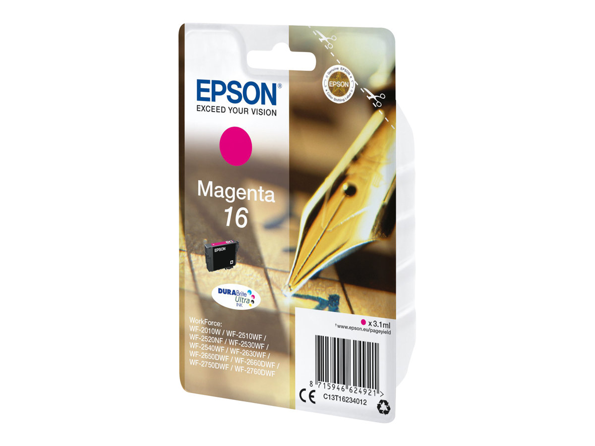 Epson 16 - 3.1 ml - magenta - original - emballage coque avec alarme radioélectrique/ acoustique - cartouche d'encre - pour WorkForce WF-2010, 2510, 2520, 2530, 2540, 2630, 2650, 2660, 2750, 2760 - C13T16234022 - Cartouches d'imprimante