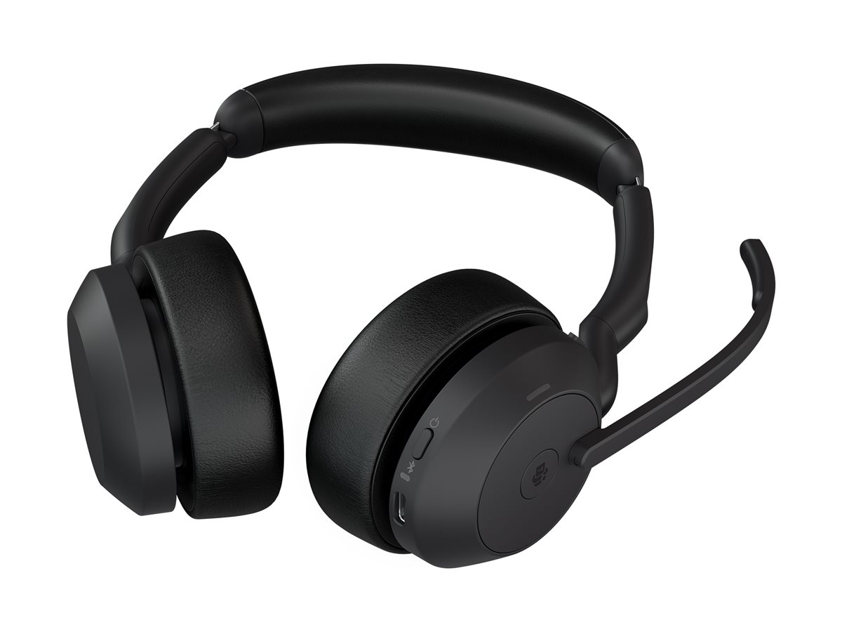 Jabra Evolve2 55 MS Stereo - Micro-casque - sur-oreille - Bluetooth - sans fil - Suppresseur de bruit actif - USB-A - noir - avec support de chargement - certifié Zoom, Cisco Webex Certified, Optimisé pour Microsoft Teams, Certifié Alcatel-Lucent, Certifié Avaya, Certifié Unify, Certifié MFi, Certifié Amazon Chime - 25599-999-989 - Écouteurs
