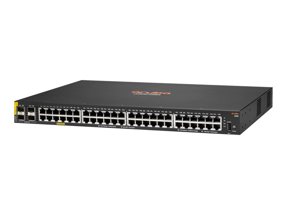 HPE Aruba 6100 48G Class4 PoE 4SFP+ 370W Switch - Commutateur - Géré - 48 x 10/100/1000 (PoE+) + 4 x 1 Gigabit / 10 Gigabit SFP+ - flux d'air côte à côte - Montable sur rack - PoE+ (370 W) - JL675A#ABB - Commutateurs gérés