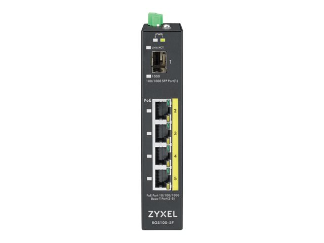 Zyxel RGS100-5P - Commutateur - non géré - 4 x 10/100/1000 (PoE+) + 1 x Fast Ethernet/Gigabit SFP - Montable sur rack, Montage sur rail DIN - PoE+ (120 W) - Tension CC - RGS100-5P-ZZ0101F - Concentrateurs et commutateurs gigabit