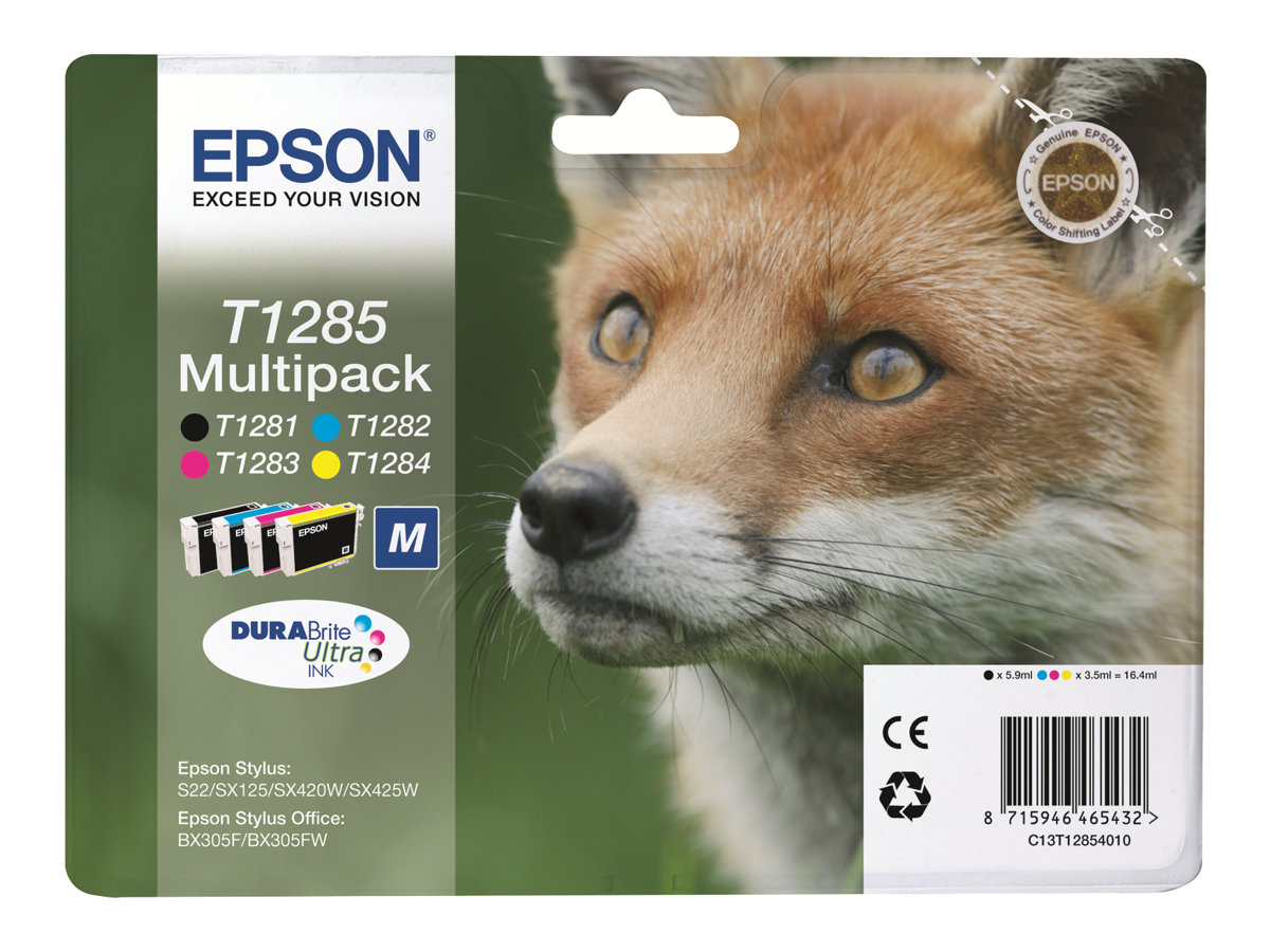 Epson T1285 Multipack - Pack de 4 - 16.4 ml - noir, jaune, cyan, magenta - original - cartouche d'encre - pour Stylus S22, SX130, SX230, SX235, SX430, SX435, SX438, SX440, SX445; Stylus Office BX305 - C13T12854012 - Cartouches d'imprimante