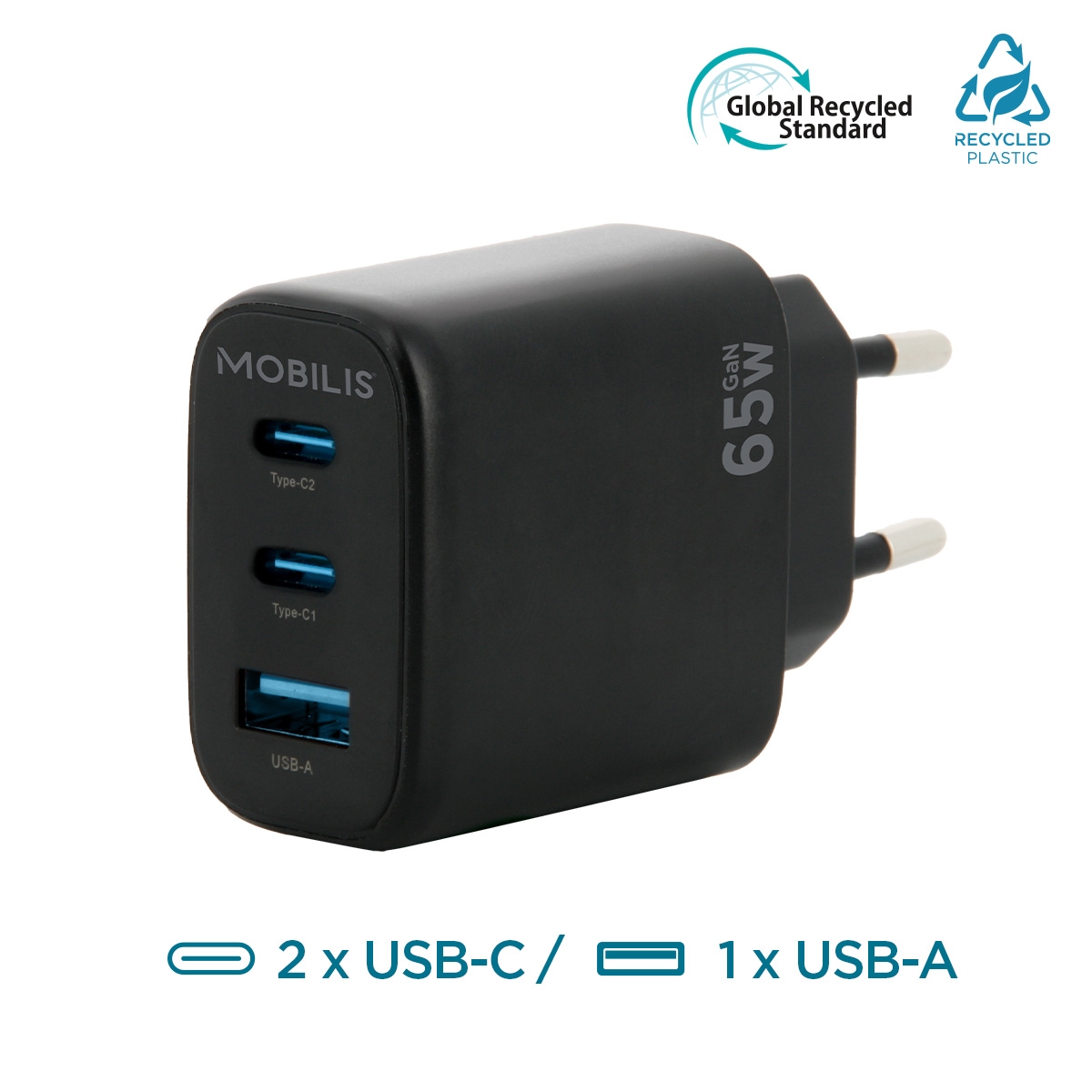 MOBILIS Chargeur Rapide 65W GaN 2 USB-C & 1 USB-A - 001364 - Batteries et adaptateurs d'alimentation pour téléphone cellulaire